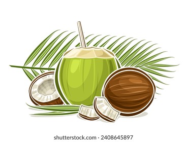 Vector logo for Coconut Milk, decorative horizontal poster with outline illustration of coconut composition with palm sprig, cartoon design fruity print with chopped coconut parts on white background