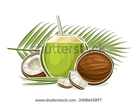 Vector logo for Coconut Milk, decorative horizontal poster with outline illustration of coconut composition with palm sprig, cartoon design fruity print with chopped coconut parts on white background