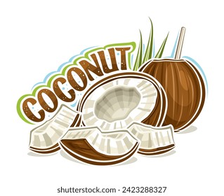 Vector logo for Coconuts, horizontal poster with outline illustration of ripe juicy coconut composition with green palm sprig, cartoon design fruity print with chopped coco nut parts and text coconut