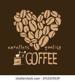 Logo del vector con granos de café dibujados en un fondo oscuro