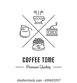 Vector logo coffee with cup, bag beans, milk and grinder. Hipster logo, label or banner coffee time for cafe, bar, banners and shop.