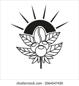 Vector logo for coffee. Emblem package  of  coffee. Silhouette of coffee bean on sunset. Black linear logo on white background.