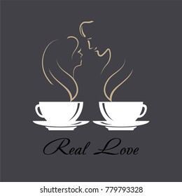Vector logo Coffee Real Love. Two coffee cups with silhouettes of a romantic couple in love.