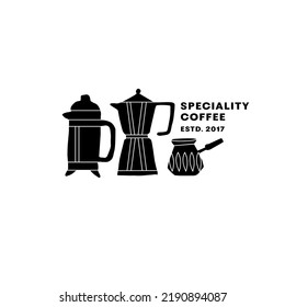 Vector logo for coffee shop with Turkish coffee pot, french press and geyser coffee maker . Emblem for coffee house 