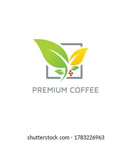 vector logo of a coffee tree icon with four green and yellow leaves and red ripe coffee fruit on the tree