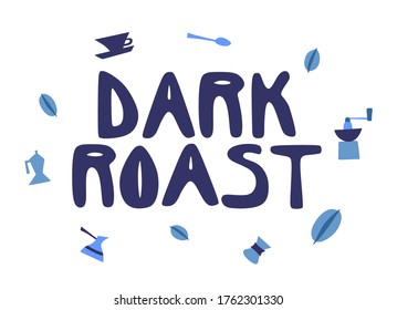 Vector logo for Coffee, typeface for title mixed coffee, heap of dark roasted, green raw and light medium coffee beans 