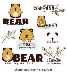 Vector logo collection. Flat emblem, logotype element for shop, store, market, retail, online and offline trade. With element: honey bear, raspberry. Honey, brown, olive, green, magenta colors 