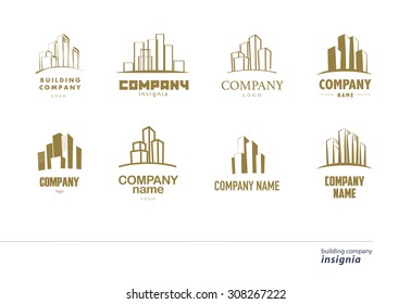 Vector logo collection for urban building company and industrial business. Horizon line. Office, architecture icon. Bank, insurance, technology insignia. 