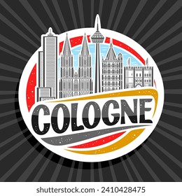 Vector logo for Cologne, decorative tag with line illustration of famous european cologne city scape on day sky background, art design refrigerator magnet with unique brush type for black text cologne