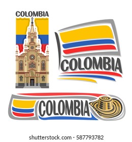 Vector logo Colombia, 3 isolated images: Jesus Nazareno church in Medellin on background colombian national state flag, symbol of Colombian Republic - hat sombrero vueltiao, flags of colombia country.