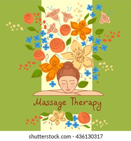 Vector logo with color hand drawn flower for ecology therapy center, spa resort, herbal massage. Illustration girl lay on her hands on green background.