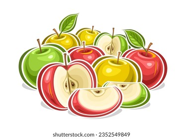 Vector logo for Colorful Apples, decorative horizontal poster with outline illustration of red, yellow and green apple fruity composition, fruit print with juicy multicolored chopped apples with seeds