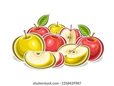 Logo vectorial para manzanas coloridas, afiche horizontal decorativo con ilustración esquemática de composición de manzanas rojas y amarillas, impresión de fruta con grupo de manzanas jugosas con hojas verdes sobre blanco