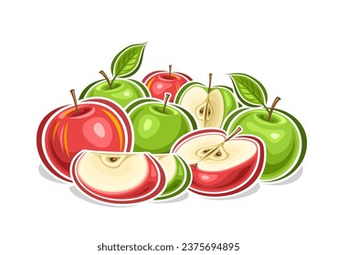 Vector logo for Colorful Apples, decorative horizontal poster with outline illustration of red and green apple fruity composition, fruit print with group of juicy assorted chopped apples with seeds