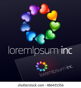 Vector logo with colorful hearts on dark Background. Logotype for Cosmetics, Fashion