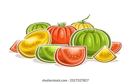 Vektorlogo für Bunte Tomaten, horizontales Poster mit Cartoon-Design reife Tomaten-Komposition, dekoratives Plakat mit Gruppe von ganzen und gehackten mehrfarbigen Tomaten Stillleben auf weißem Hintergrund