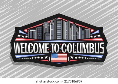 Logo vectorial para Colón, placa decorativa negra con esquema de ilustración del moderno paisaje urbano de columbus en el fondo del cielo del atardecer, imán de diseño de arte con palabras bienvenidas a columbus