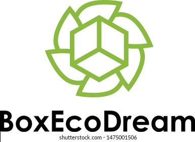 Vector logo combination of cardboard with leaves to symbolize recycling.