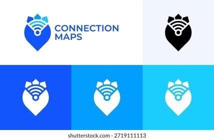 Vector logo of a combined equipment connection map with location and blue Wi-Fi symbols for modern home automation devices. A perfect icon illustration for technology branding design projects.