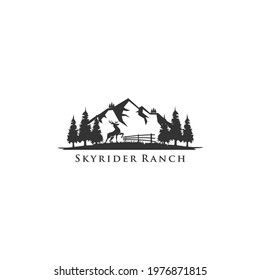vector logo combined nature of mountains and deer farm
