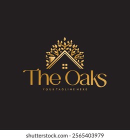 Vector logo for a comfortable apartment or residence among the lush oak trees