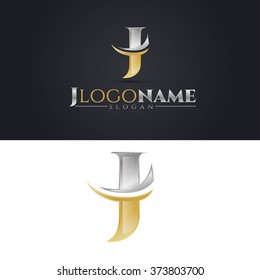 vector logo for companies where the first letter J, elegant logo is divided into two parts, gold and silver luxury