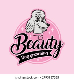 Vector logo composed of a symbol of the head of a friendly poodle dog, cartoon style, and a typeface that says "Beauty, dog grooming". All in a fun and modern graphic style.