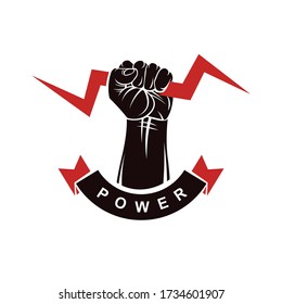 Vector logo composed using strong muscular raised clenched fist decorated with lightning symbol. Power and authority conceptual logotype.