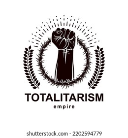 Vector logo composed using strong muscular raised clenched fist surrounded by crown of thorns. Revolution idea symbol can be used as tattoo.