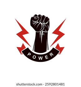 Vector logo composed using strong muscular raised clenched fist decorated with lightning symbol. Power and authority conceptual logotype.