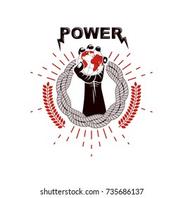 Vector logo composed using strong muscular raised arm surrounded by rope and holding Earth globe. Authority as the means of global control and manipulation.