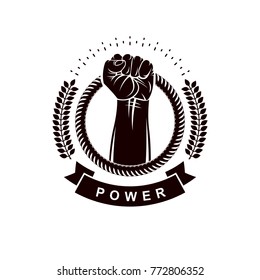 Vector logo composed using strong muscular raised arm surrounded by rope. Proletarian leader abstract symbol.