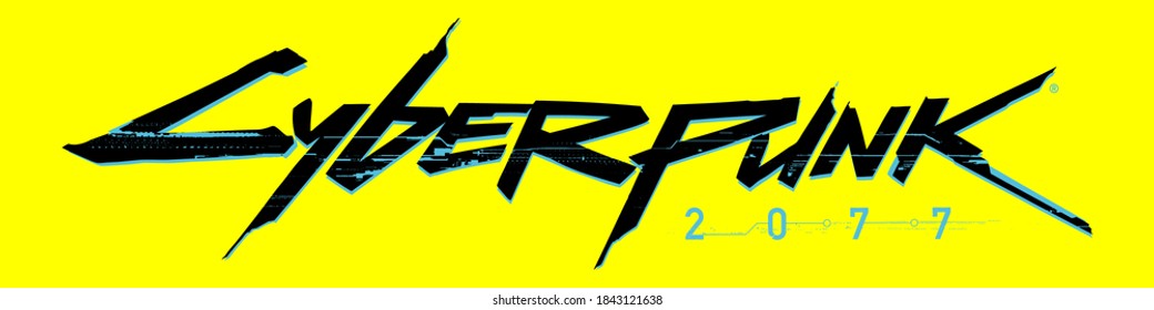 Vektorlogo des Computerspiels Cyberpunk 2077. Schwarze, stylische Buchstaben auf gelbem Hintergrund.