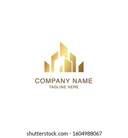 Vector logo concept for accounting or real estate company. Logo design with commercial building and chart bars. Business logo idea. luxury gold