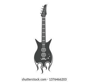 Vector logo concept. Graphic design of guitar with fire. Musical rock instrument. Emblem, element, template, symbol, label, sign.