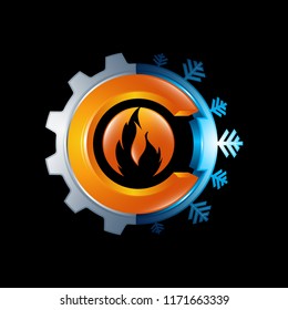Vector logo concept illustration. Gear and fire flame sign illustration. Warm generation logo. Warm technology logo