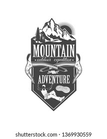 Vector logo concept. Rock climbing in summer and winter. Landscape, mountain, rock. Active lifestyle. Symbol emblem, element, print.
