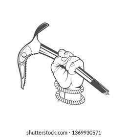Vector logo concept. Rock climbing in summer and winter. Hand holds ice ax. Sport, activity, open air, lifestyle. Symbol emblem, element, print.