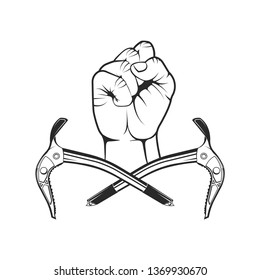 Vector logo concept. Rock climbing in summer and winter. Hand holds ice ax. Sport, activity, open air, lifestyle. Symbol emblem, element, print.