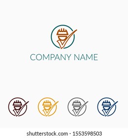 Vector logo for a construction company or repair work. Builder head symbol with a protective helmet and check mark sign