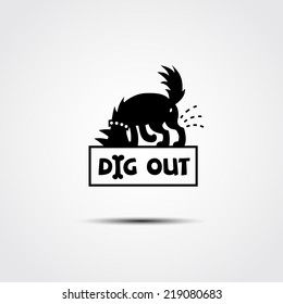 vector logo with the contour of a dog digging a hole in search of bones