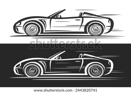Vector logo for Convertible Car, decorative banners with simple contour illustration of futuristic car in moving, line art design monochrome expensive car, profile view on black and white background