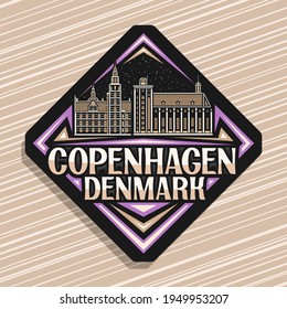 Vektorlogo für Kopenhagen, dunkles Busverkehrszeichen mit Umrissgrafik von Kopenhagen-Stadtbild auf dunklem Himmelhintergrund, dekorativer Kühlschrankmagnet mit einzigartigen Buchstaben für Kopenhagen, Dänemark