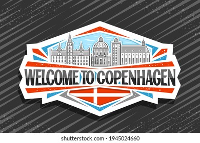 Vektorlogo für Kopenhagen, weißer Zierschild mit Illustration des Kopenhagener Stadtumfeldes auf Himmelshintergrund, künstlerischer Design-Kühlschrankmagnet mit einzigartigem Buchstaben für schwarze Wörter willkommen in Kopenhagen.