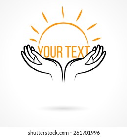 Vector logo with couple of hands holding sun, open palms with text. Design template and concept of love, family, friendship, charity, local community, help, awareness, society, care and sharing