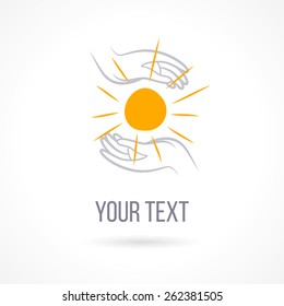 Vector logo with couple of hands, holding sun, open palms with text. Design template and concept of love, family, friendship, charity, local community, help, support, society, care and sharing
