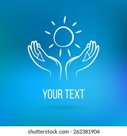 Vector logo with couple of hands holding sun, open palms with text. Design template and concept of love, family, friendship, charity, local community, help, awareness, society, care and sharing