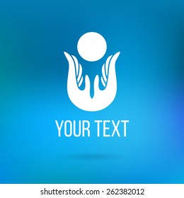 Vector logo with couple of hands, holding sun, open palms with text. Design template and concept of safety, protection, care, friendship, charity, local community, help, awareness, society, sharing