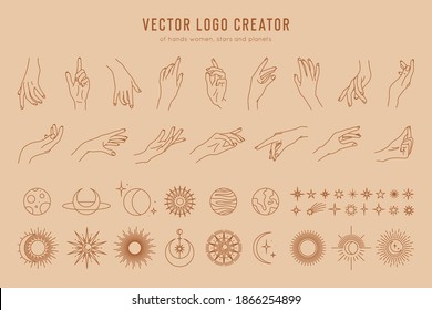 Creador del logotipo vectorial de gestos lineales de mano, fases lunares, estrellas, sol y planetas. Elementos de diseño aislados en fondo pastel, diseño mínimo, colores monocromos.