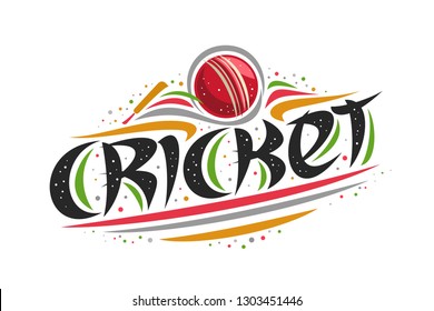 Vector logo for Cricket sport, creative contour illustration of hitting ball in goal, original decorative brush typeface for word cricket, simplistic cartoon sports banner with lines and dots on white